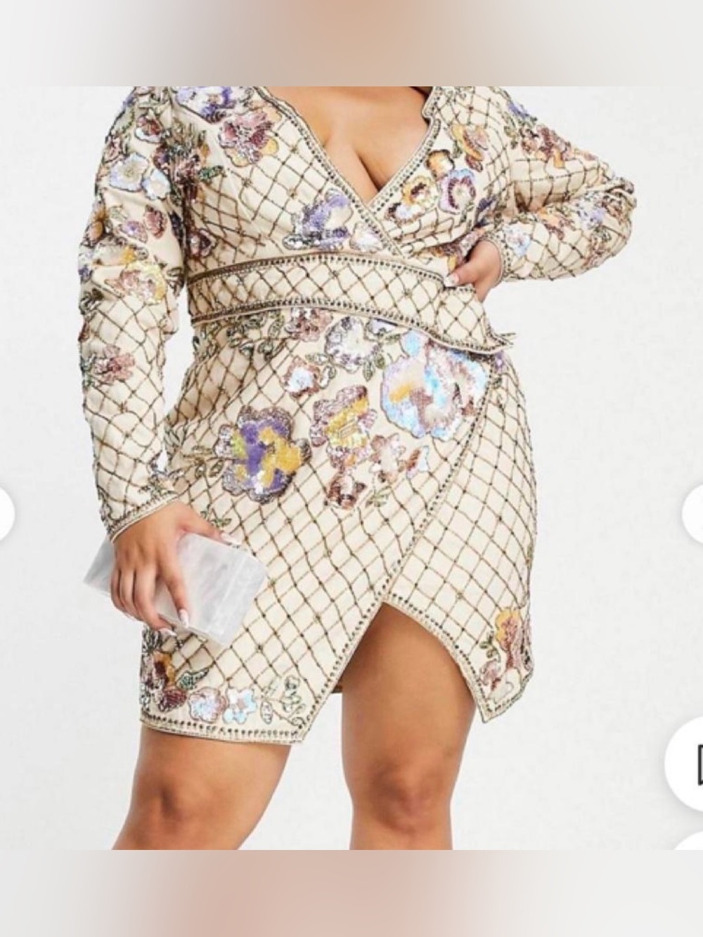 ASOS Curve Ivory Quilted Floral Sequin V‑Neck Long Sleeve Dress